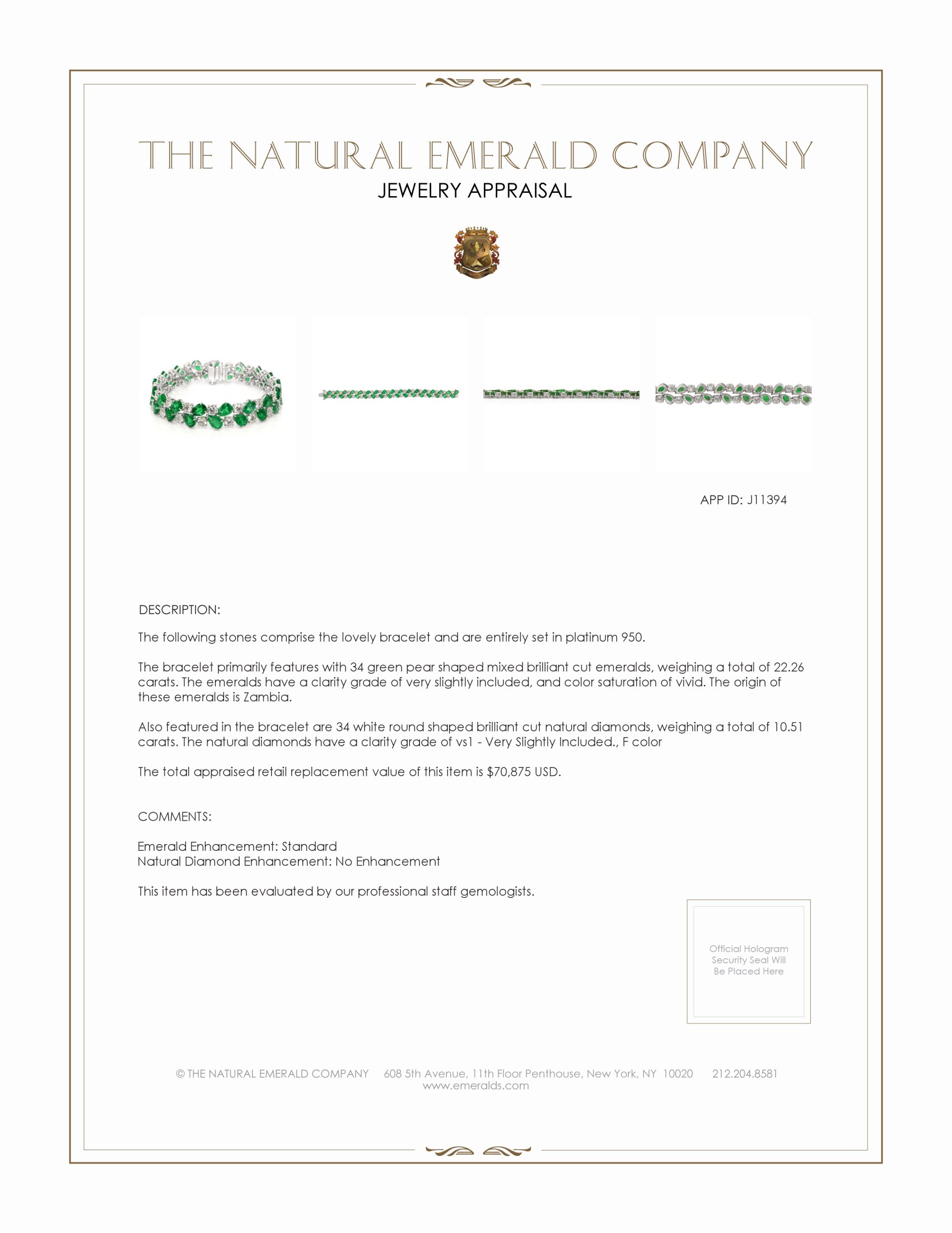 22.26 Ct.Tw. Emerald Natural Diamond Pave Bracelet, Platinum 950