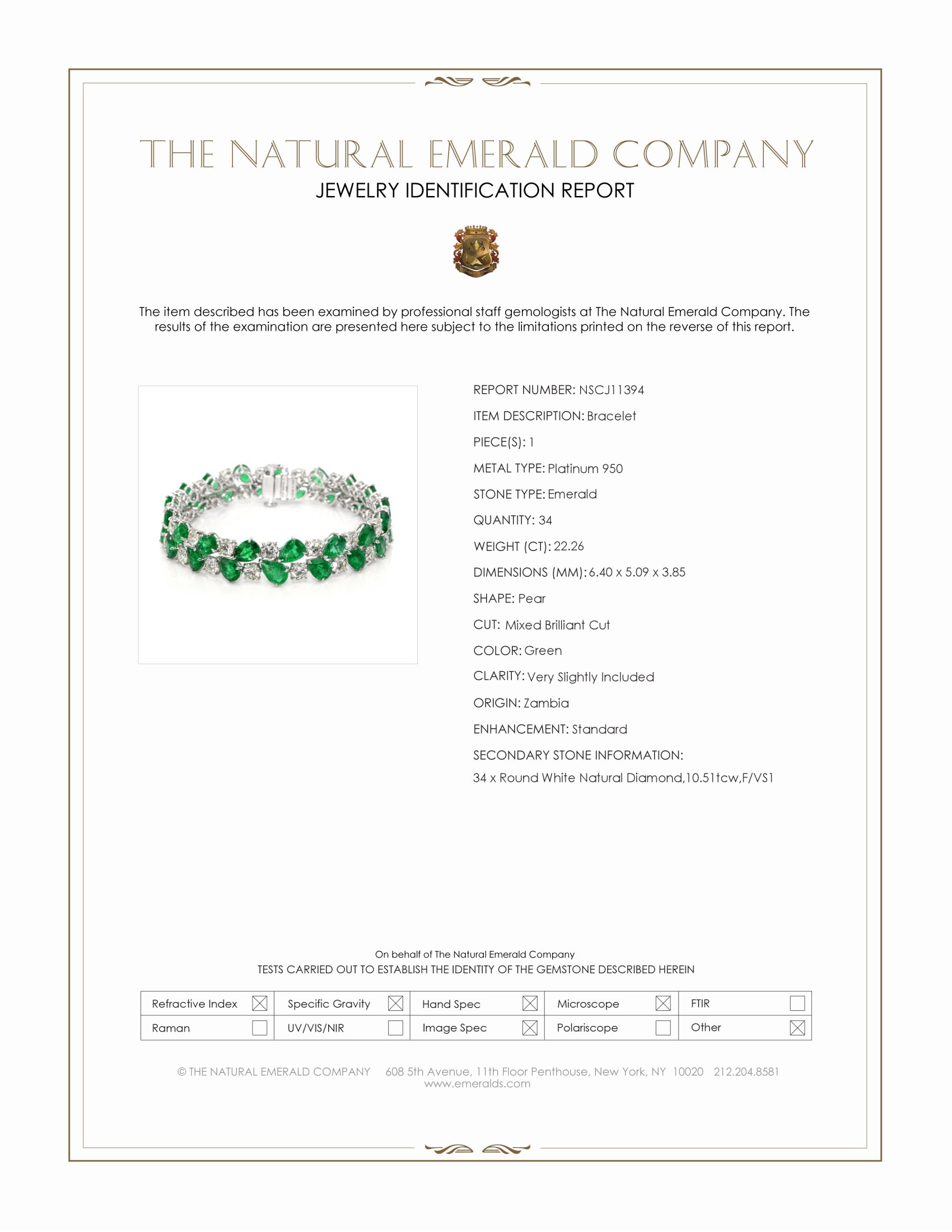 22.26 Ct.Tw. Emerald and Natural Diamond Pave Bracelet, Platinum 950