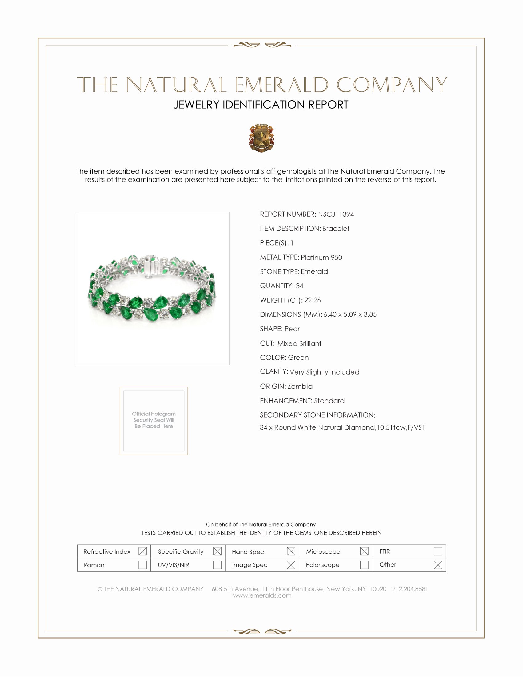 22.26 Ct.Tw. Emerald Natural Diamond Pave Bracelet, Platinum 950