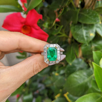 2.26 Ct. Emerald Natural Diamond Pave Ring, Platinum & 18K Yellow Life Style