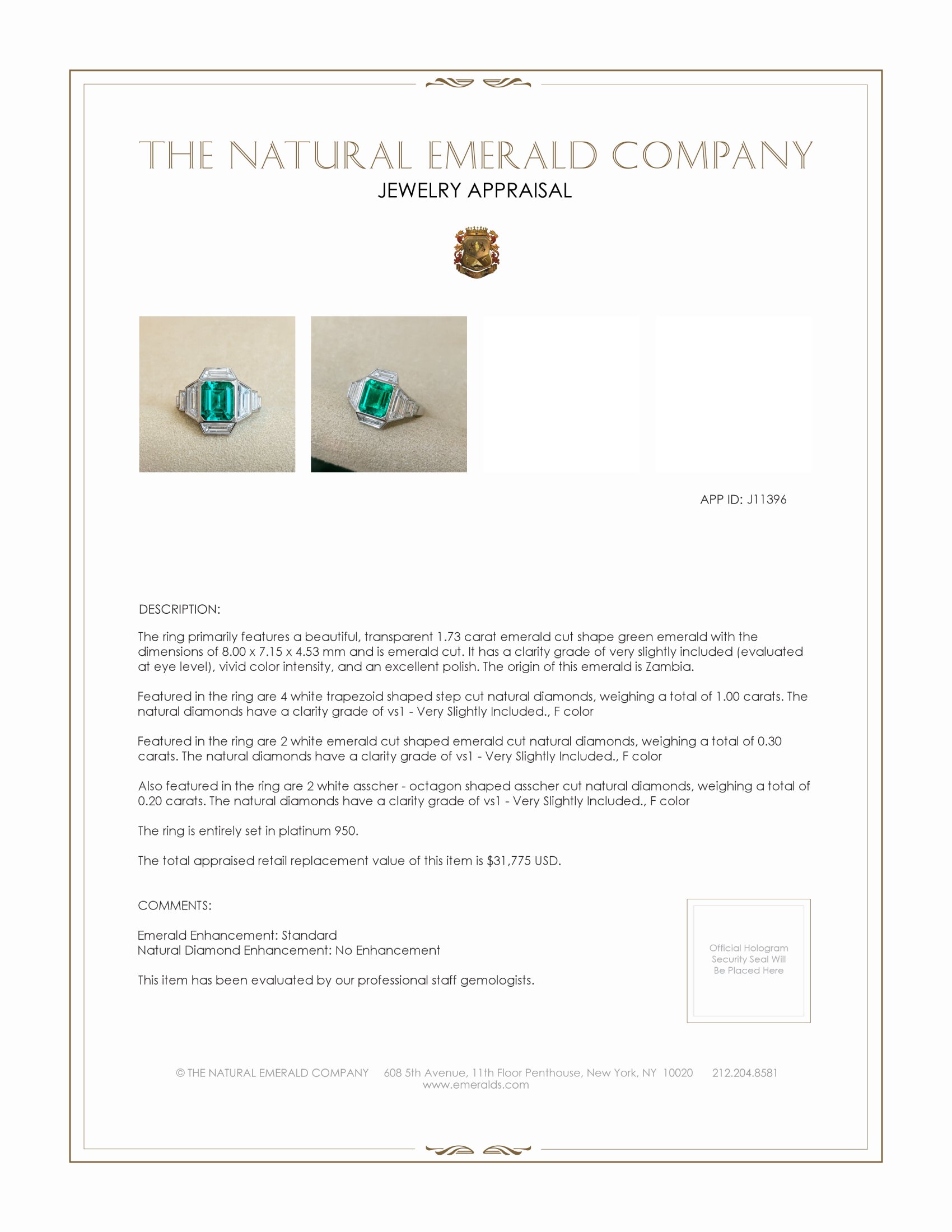 1.73 Ct. Emerald and Natural Diamond Pave Ring, Platinum 950