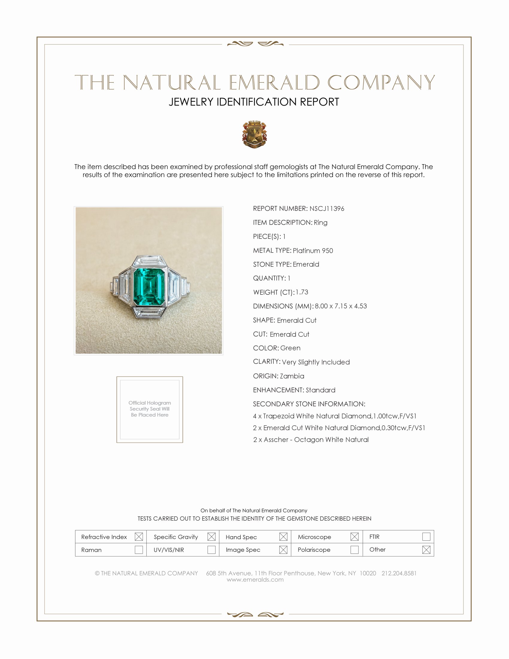1.73 Ct. Emerald Natural Diamond Pave Ring, Platinum 950