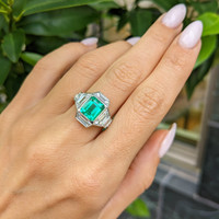 1.73 Ct. Emerald and Natural Diamond Pave Ring, Platinum 950 Life Style