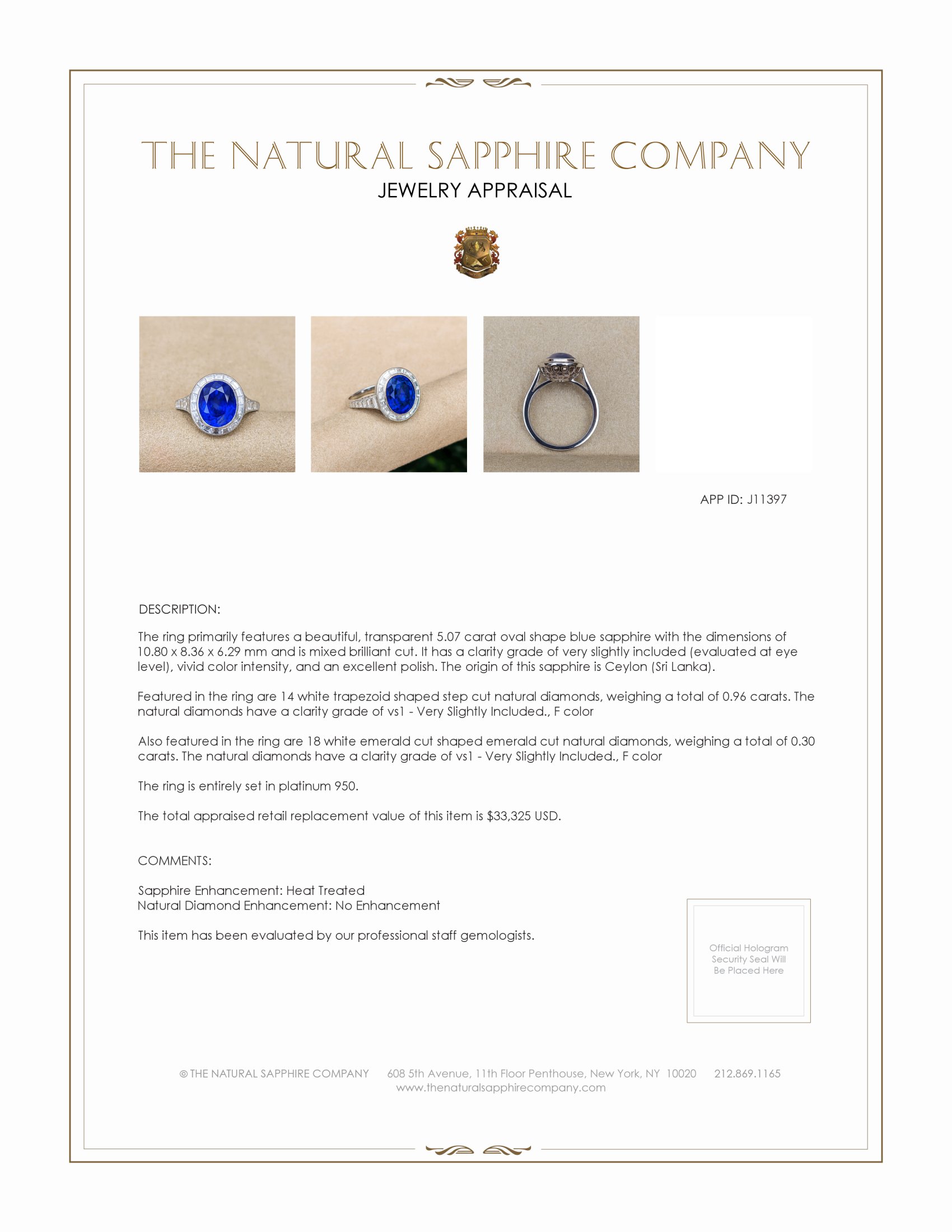 5.07 Ct. Blue Sapphire and Natural Diamond Pave Ring, Platinum 950