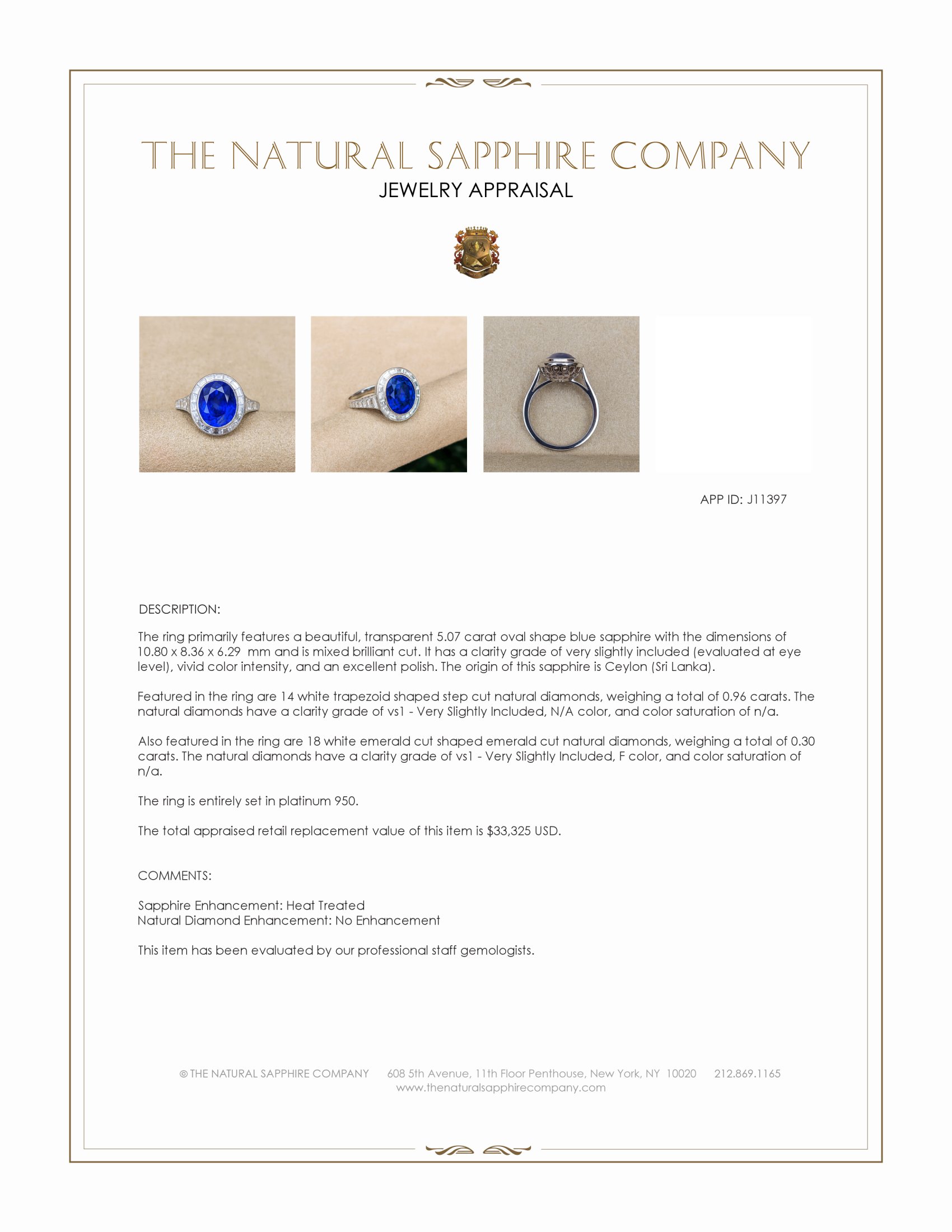 5.07 Ct. Blue Sapphire and Natural Diamond Antique Style Ring, Platinum 950