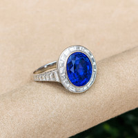 5.07 Ct. Blue Sapphire and Natural Diamond Pave Ring, Platinum 950 Image