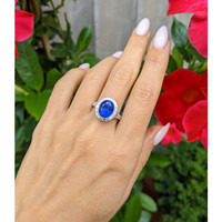5.07 Ct. Blue Sapphire and Natural Diamond Pave Ring, Platinum 950 Life Style