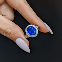5.07 Ct. Blue Sapphire and Natural Diamond Pave Ring, Platinum 950 Life Style