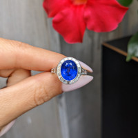 5.07 Ct. Blue Sapphire and Natural Diamond Pave Ring, Platinum 950 Life Style