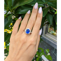 5.07 Ct. Blue Sapphire and Natural Diamond Pave Ring, Platinum 950 Life Style