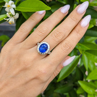 5.07 Ct. Blue Sapphire and Natural Diamond Pave Ring, Platinum 950 Life Style