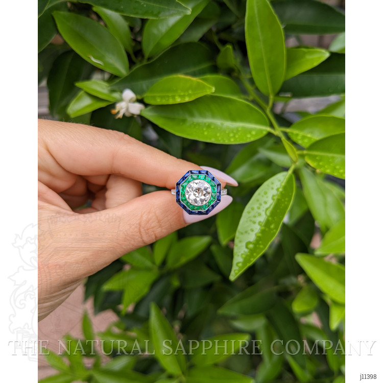 2.55 Ct. Natural Diamond, Blue Sapphire and Emerald Halo Ring, Platinum 950