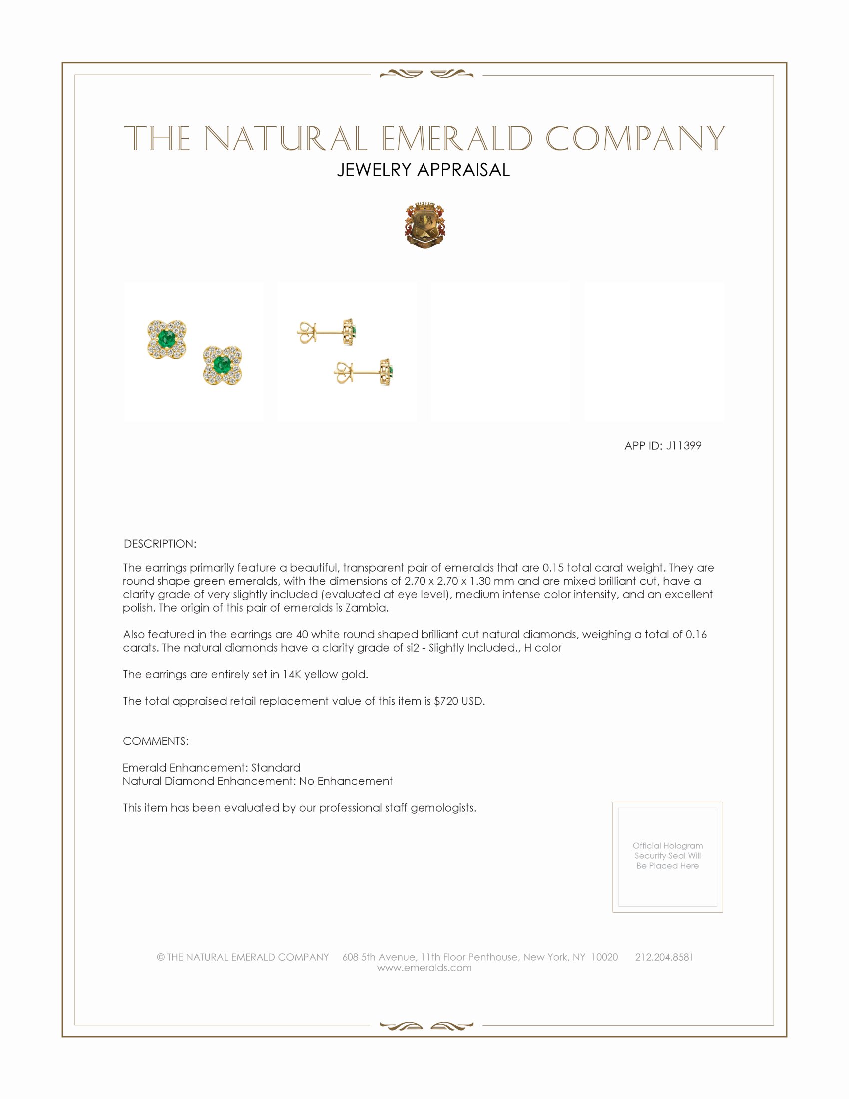 0.15 Ct.Tw. Emerald and Natural Diamond Studs Earrings, 14K Yellow Gold