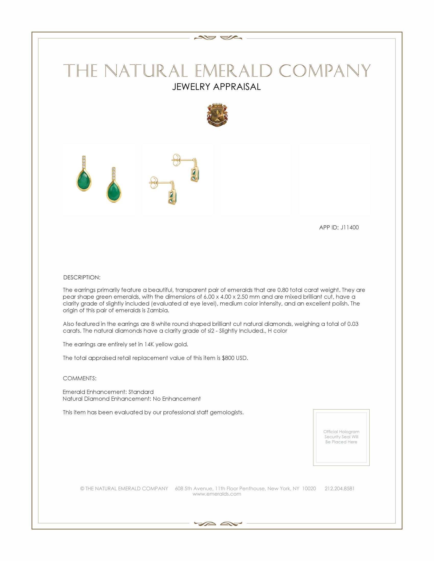 0.80 Ct.Tw. Emerald Natural Diamond Studs Earrings, 14K Yellow Gold