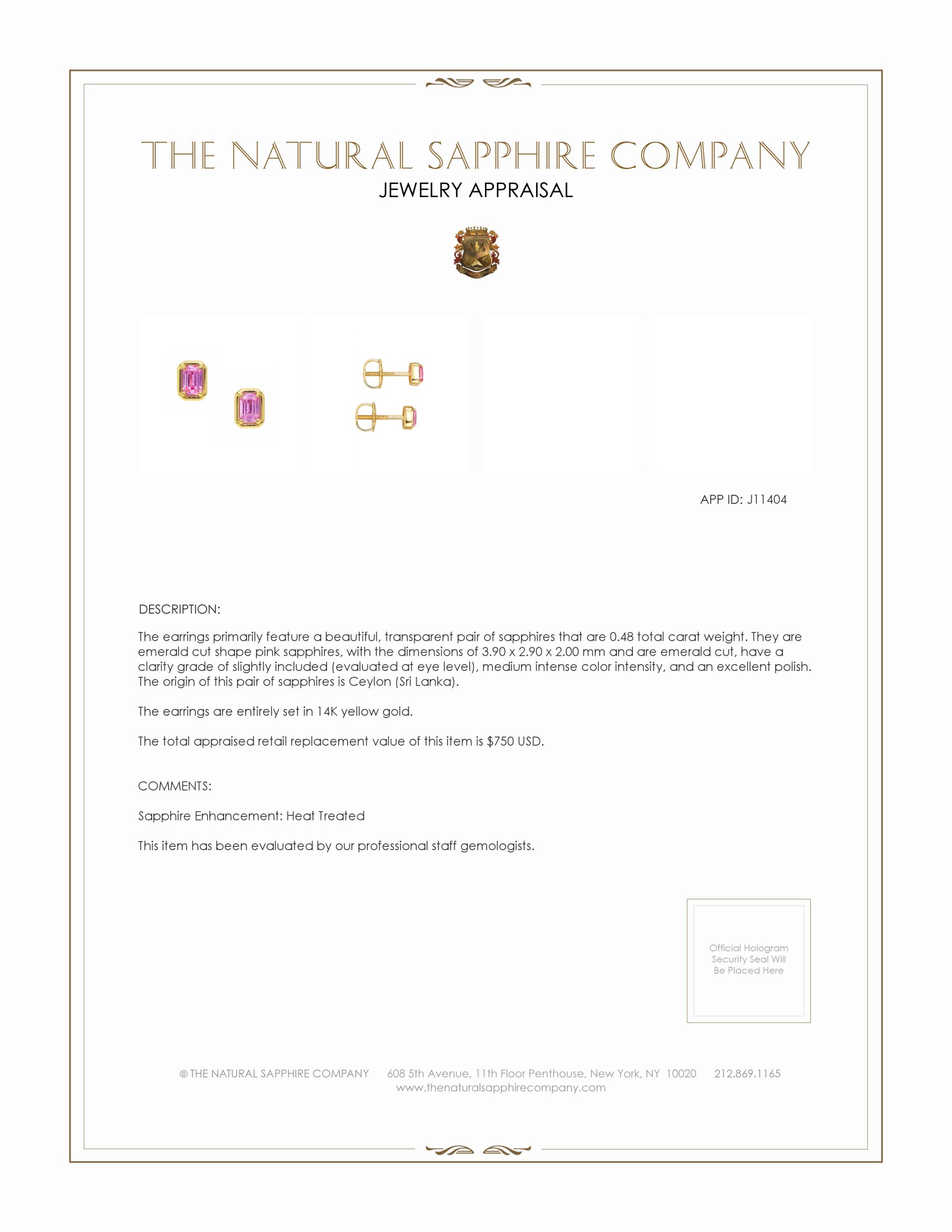 0.48 Ct.Tw. Pink Sapphire Studs Earrings, 14K Yellow Gold