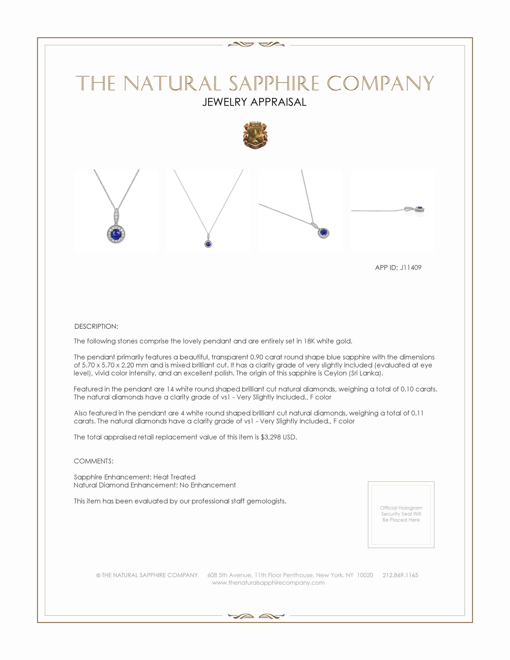 0.90 Ct. Blue Sapphire and Natural Diamond Pave Pendant, 18K White Gold