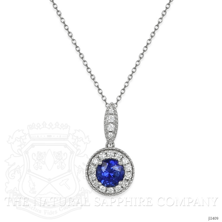 0.90 Ct. Blue Sapphire and Natural Diamond Pave Pendant, 18K White Gold