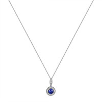 0.90 Ct. Blue Sapphire and Natural Diamond Pave Pendant, 18K White Gold Image