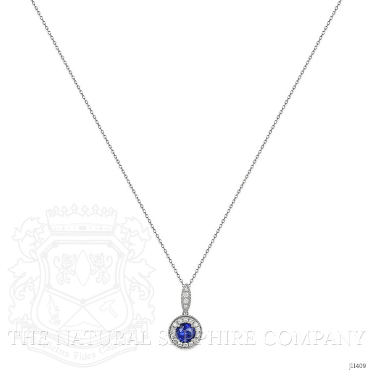 0.90 Ct. Blue Sapphire and Natural Diamond Pave Pendant, 18K White Gold