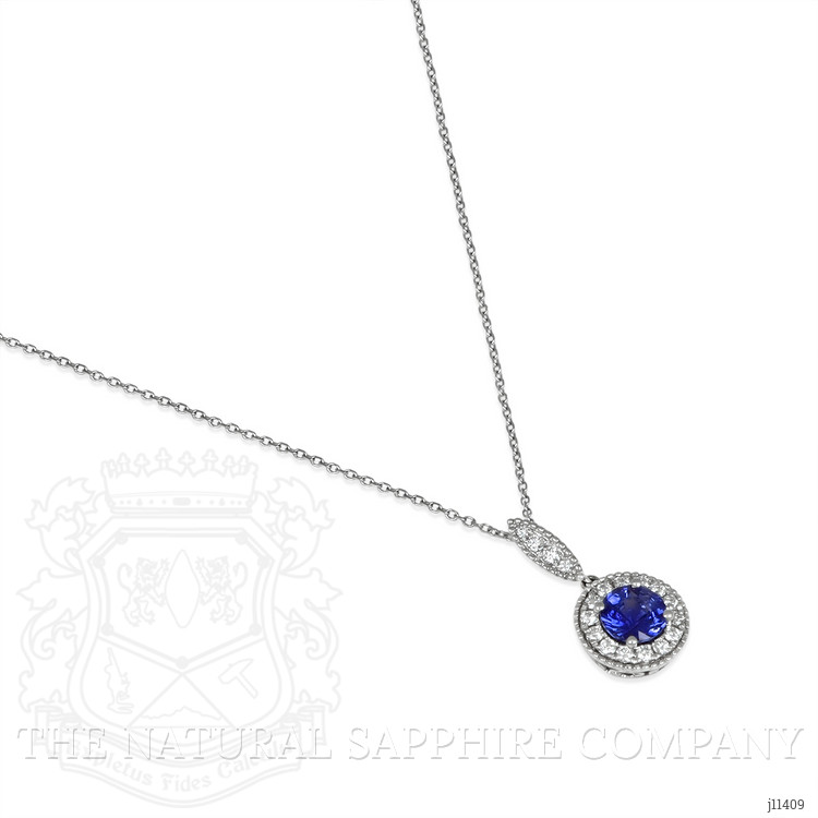 0.90 Ct. Blue Sapphire and Natural Diamond Pave Pendant, 18K White Gold
