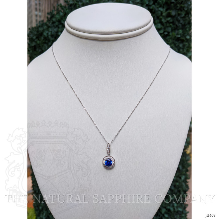 0.90 Ct. Blue Sapphire and Natural Diamond Pave Pendant, 18K White Gold