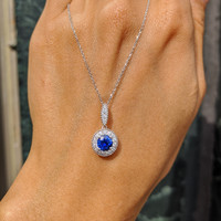 0.90 Ct. Blue Sapphire and Natural Diamond Pave Pendant, 18K White Gold Life Style