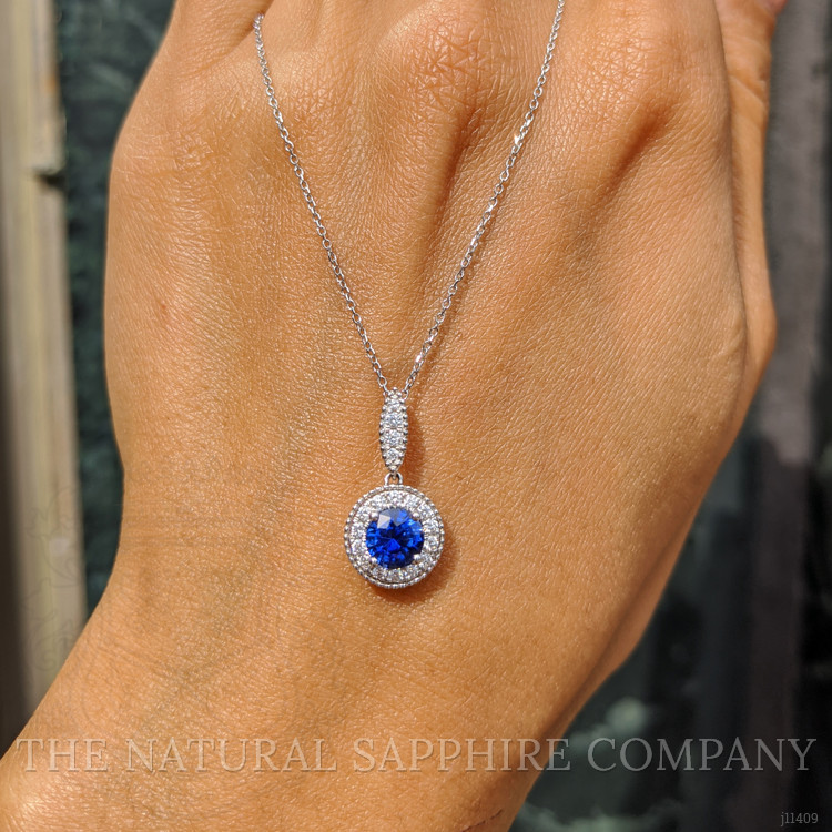 0.90 Ct. Blue Sapphire and Natural Diamond Pave Pendant, 18K White Gold