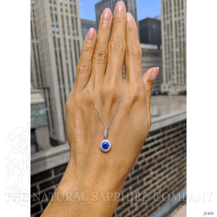 0.90 Ct. Blue Sapphire and Natural Diamond Pave Pendant, 18K White Gold