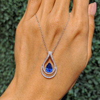 1.68 Ct. Blue Sapphire and Natural Diamond Pave Pendant, 18K White Gold Life Style