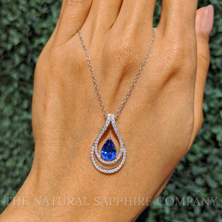 1.68 Ct. Blue Sapphire and Natural Diamond Pave Pendant, 18K White Gold