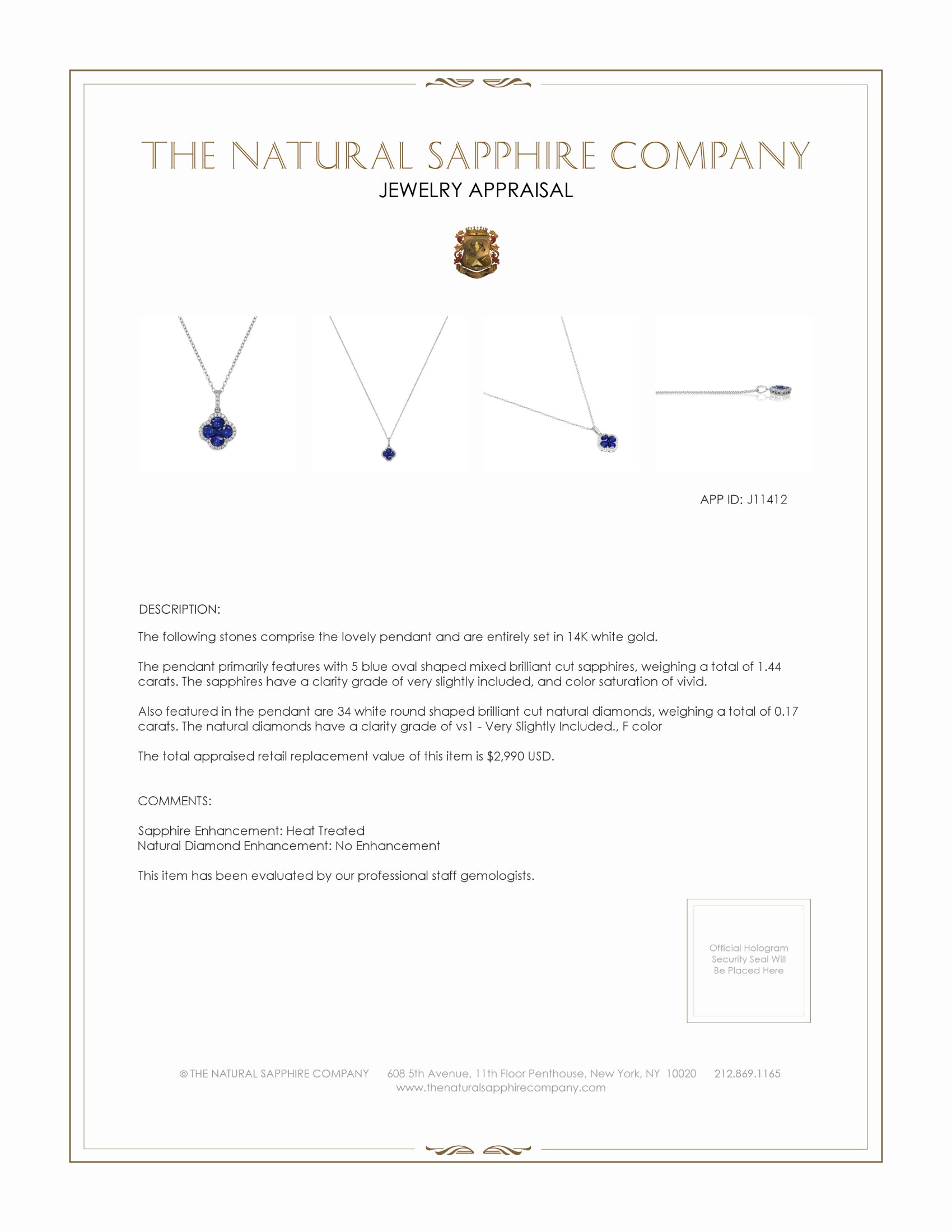 1.44 Ct. Blue Sapphire and Natural Diamond Pave Pendant, 14K White Gold