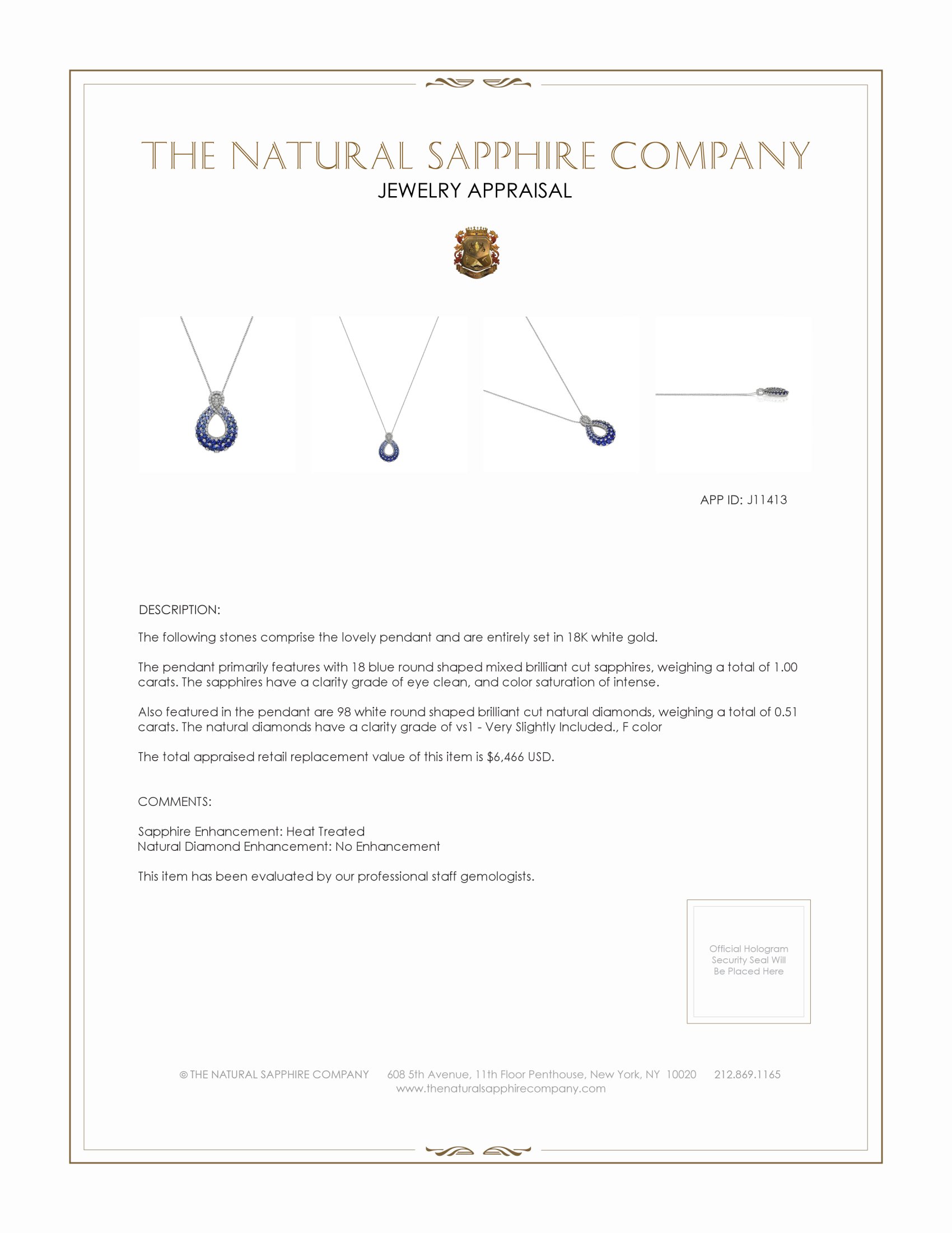 2.27 Ct. Blue Sapphire and Natural Diamond Pave Pendant, 18K White Gold