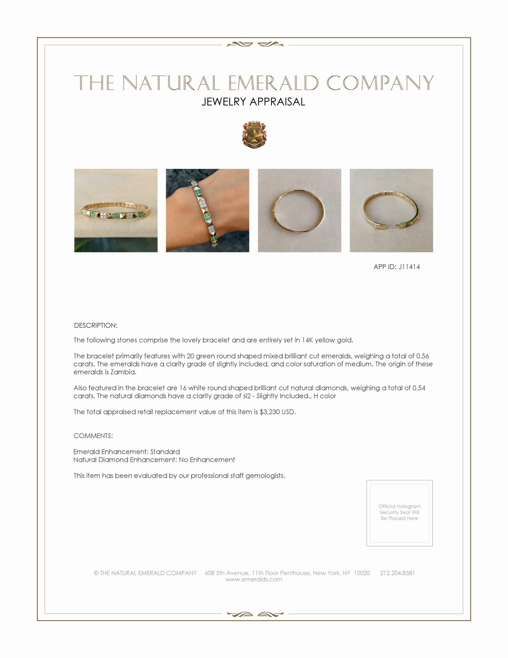 0.56 Ct.Tw. Emerald and Natural Diamond Pave Bracelet, 14K Yellow Gold