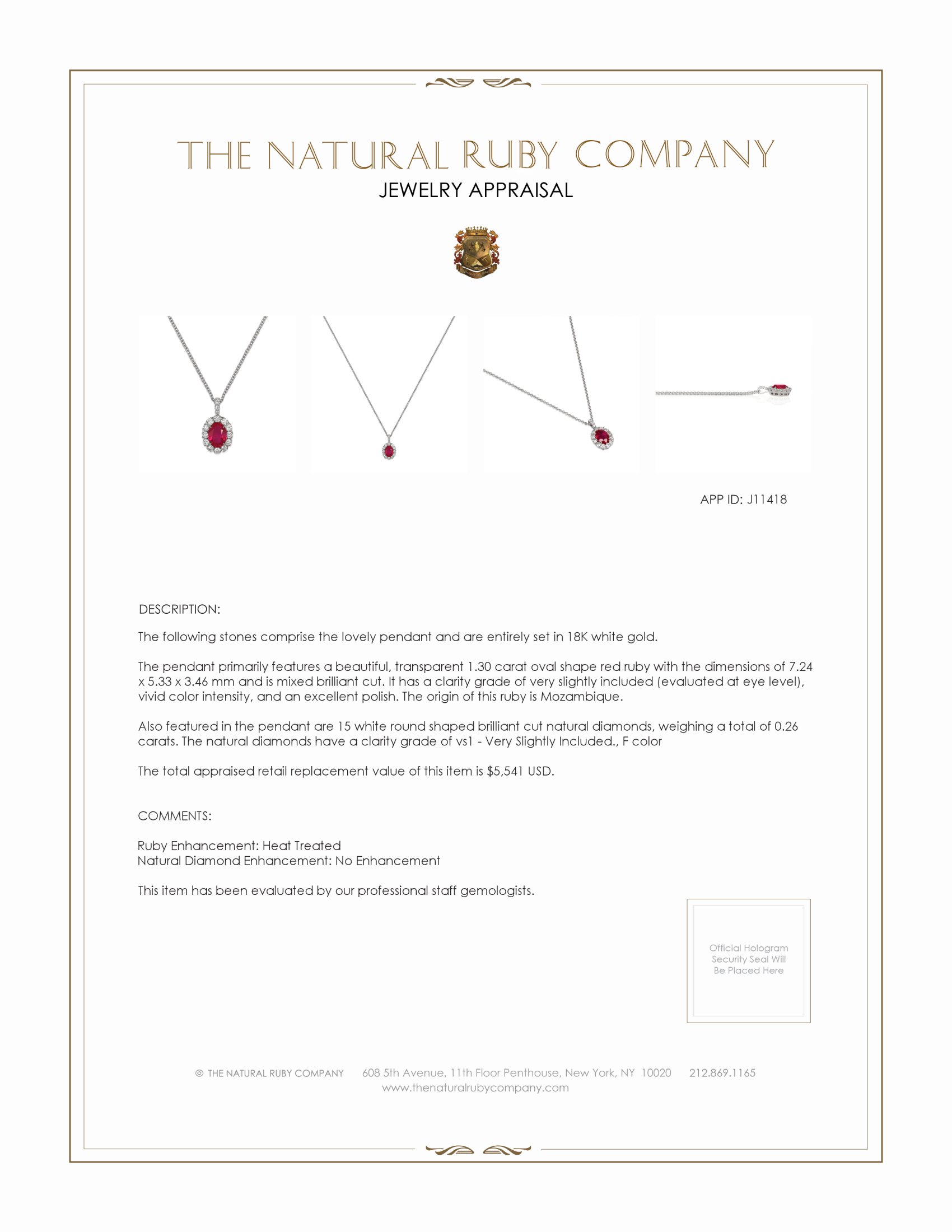 1.30 Ct. Ruby and Natural Diamond Pave Pendant, 18K White Gold