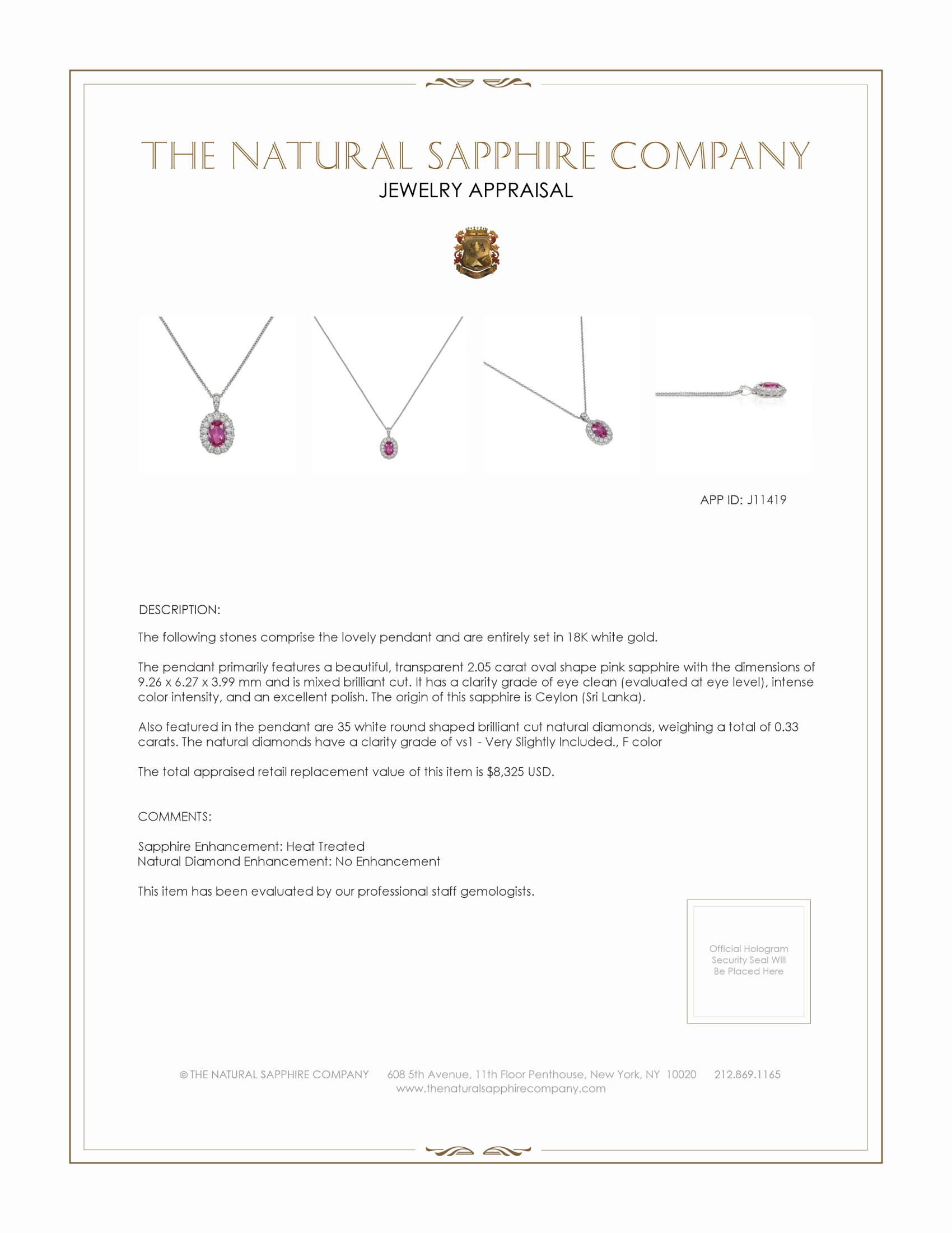 2.38 Ct. Pink Sapphire and Natural Diamond Pave Pendant, 18K White Gold