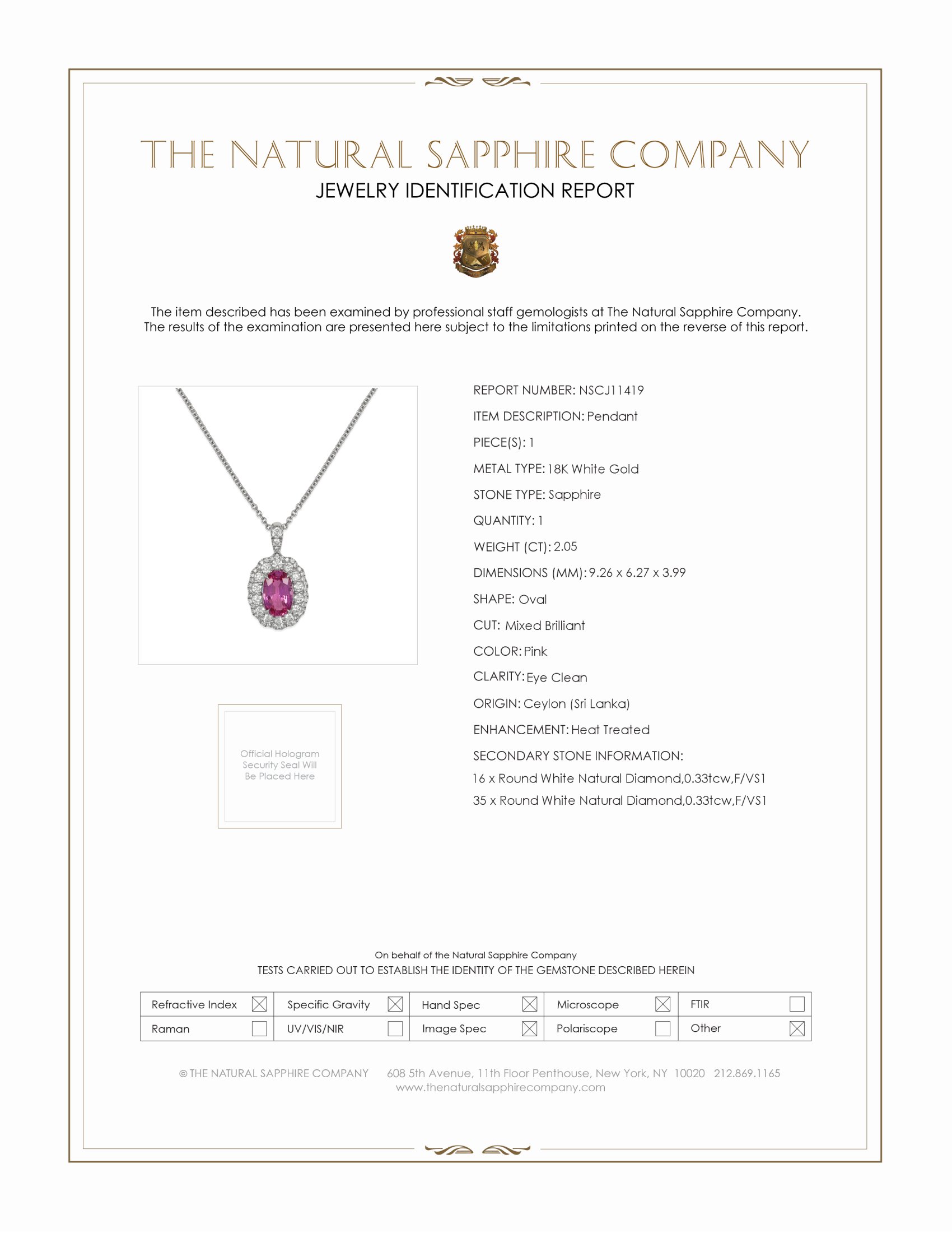 2.38 Ct. Pink Sapphire and Natural Diamond Pave Pendant, 18K White Gold