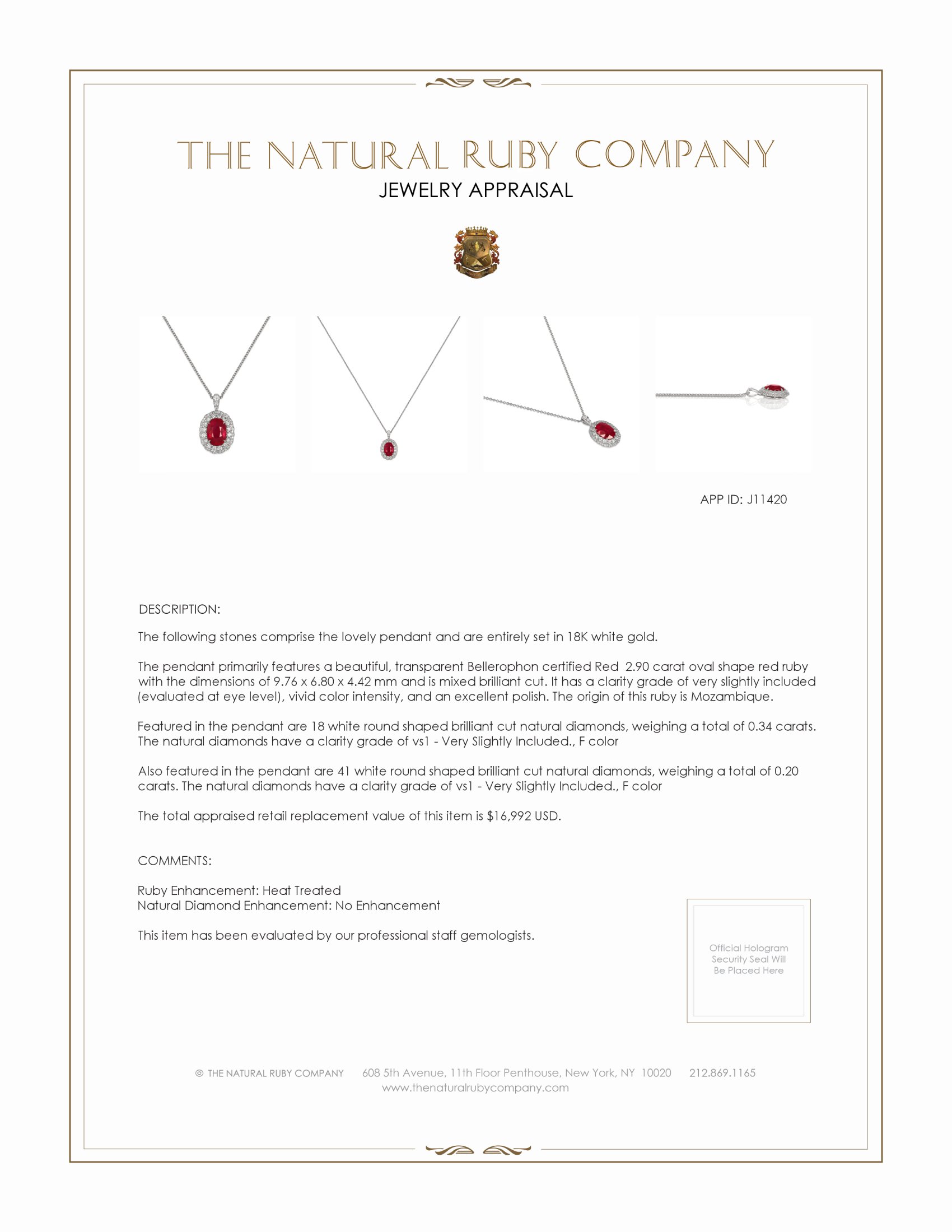 2.90 Ct. Ruby Natural Diamond Pave Pendant, 18K White Gold
