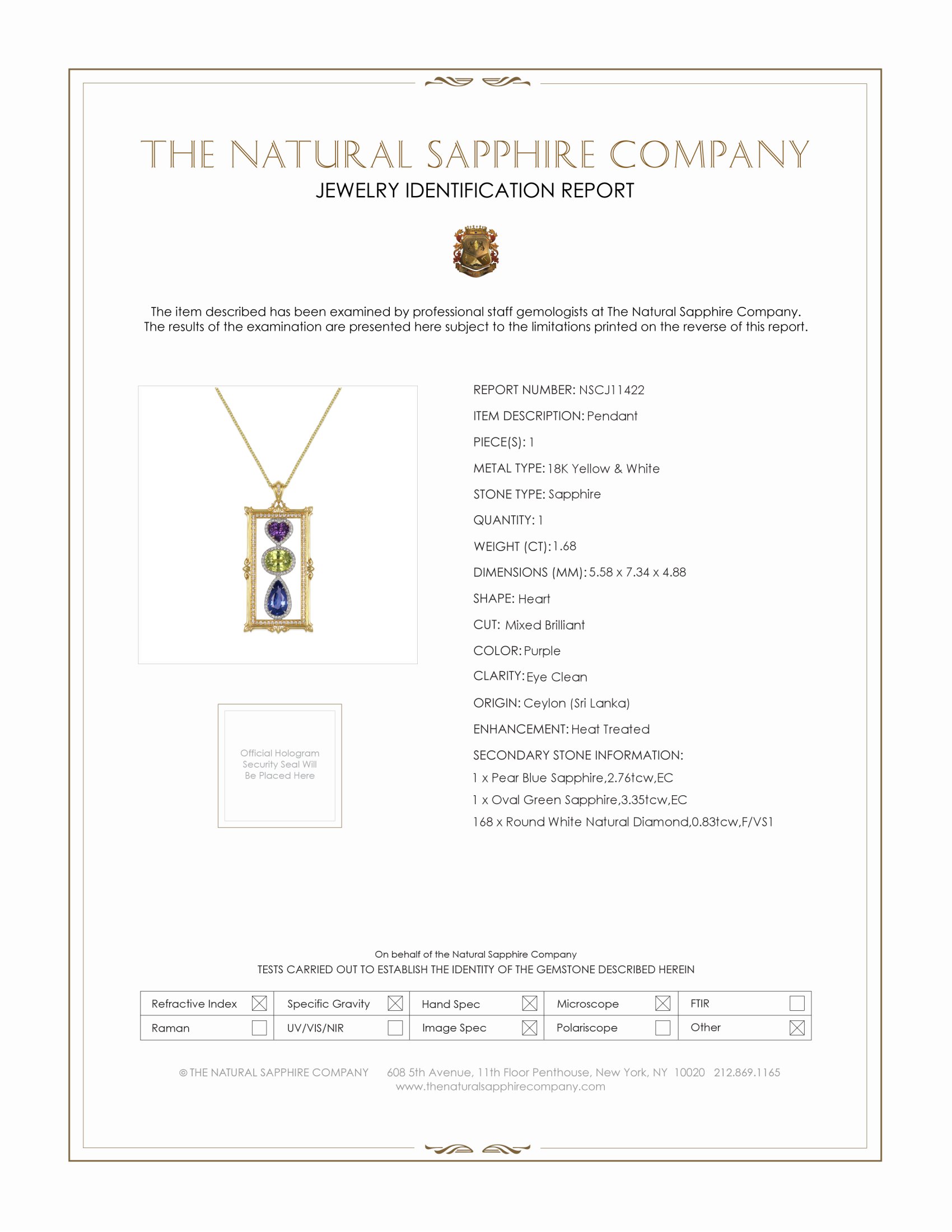 7.79 Ct.Tw. Mixed Sapphire and Natural Diamond Pave Pendant, 18K Yellow & White