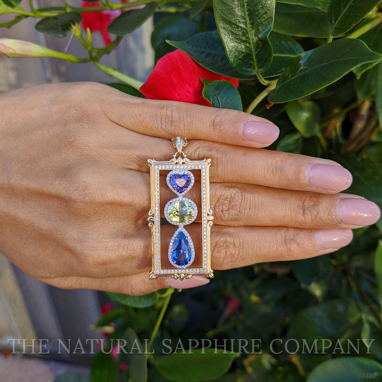 7.79 Ct. Mixed Sapphire and Natural Diamond Pave Pendant, 18K Yellow & White