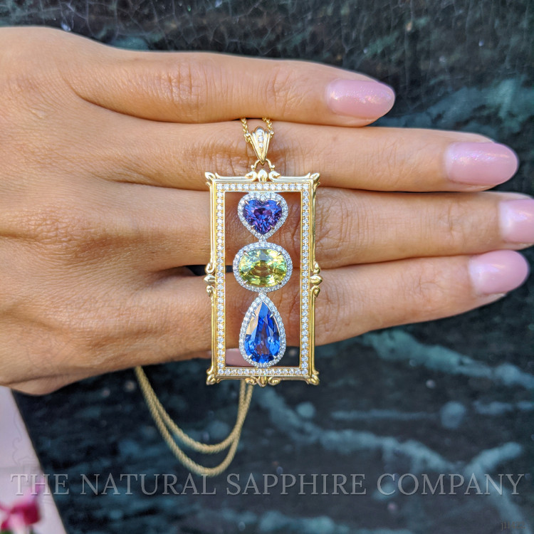 7.79 Ct. Mixed Sapphire and Natural Diamond Pave Pendant, 18K Yellow & White