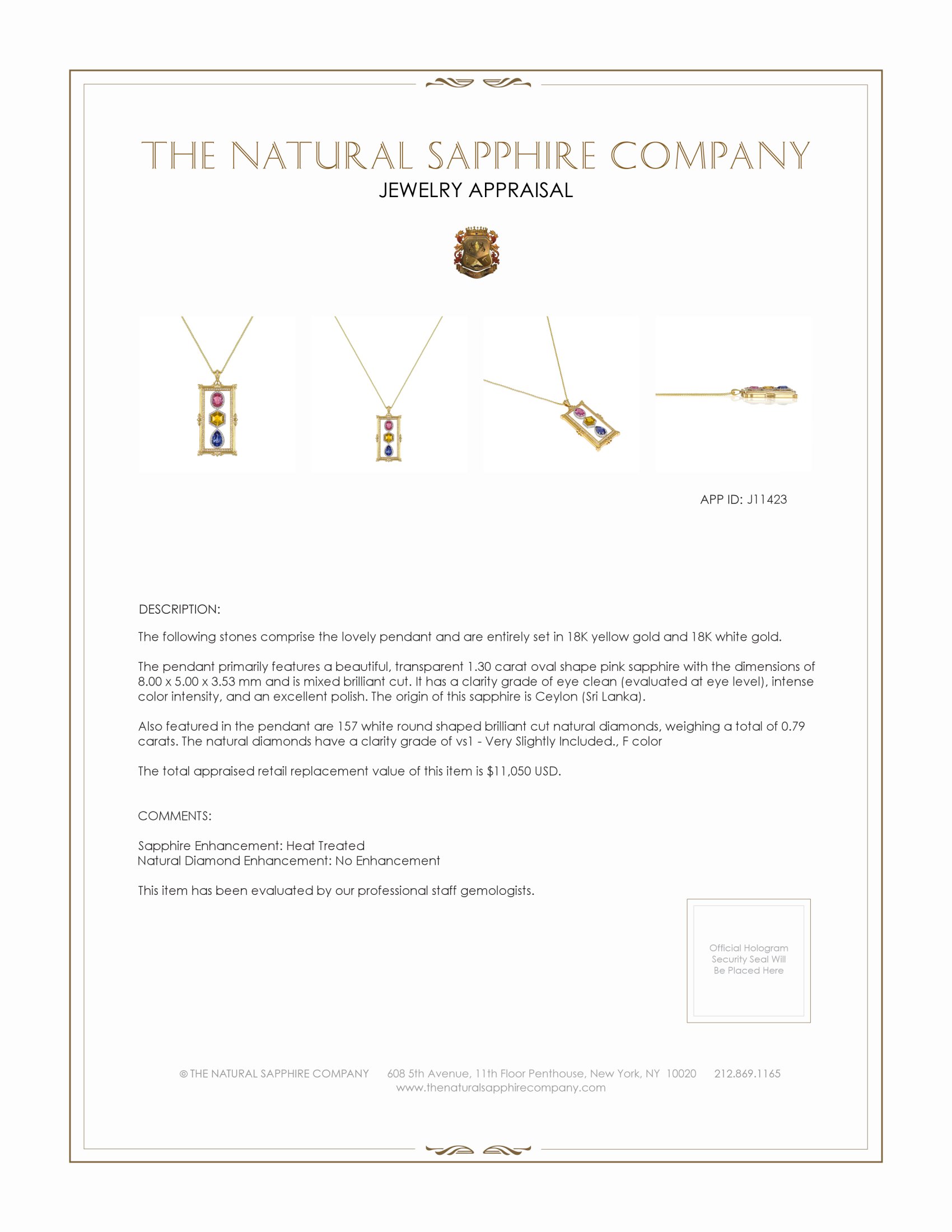 5.09 Ct. Mixed Sapphire and Natural Diamond Pave Pendant, 18K Yellow & White