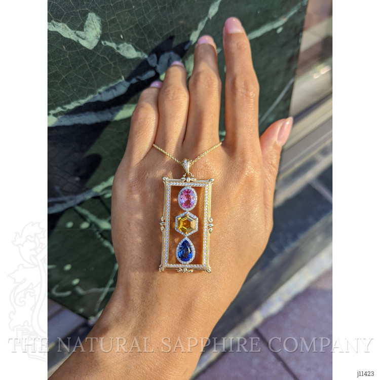 5.09 Ct. Mixed Sapphire and Natural Diamond Pave Pendant, 18K Yellow & White