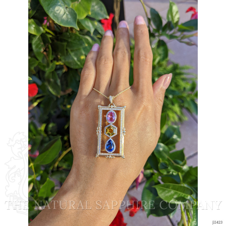 5.09 Ct. Mixed Sapphire and Natural Diamond Pave Pendant, 18K Yellow & White