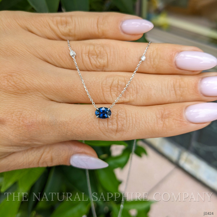 1.05 Ct.Tw. Blue Sapphire and Natural Diamond Accent Stones Necklace, 14K White Gold