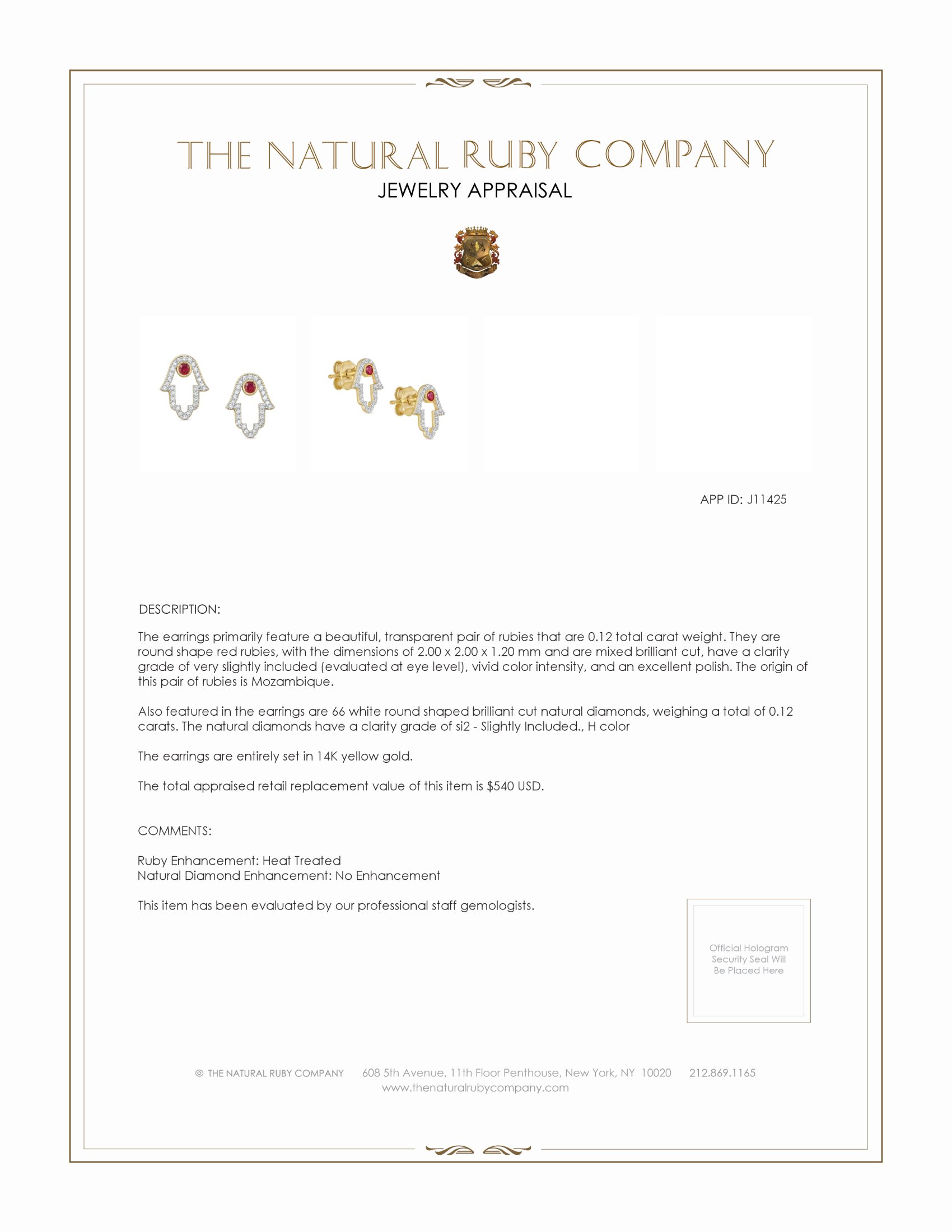 0.12 Ct.Tw. Ruby and Natural Diamond Studs Earrings, 14K Yellow Gold