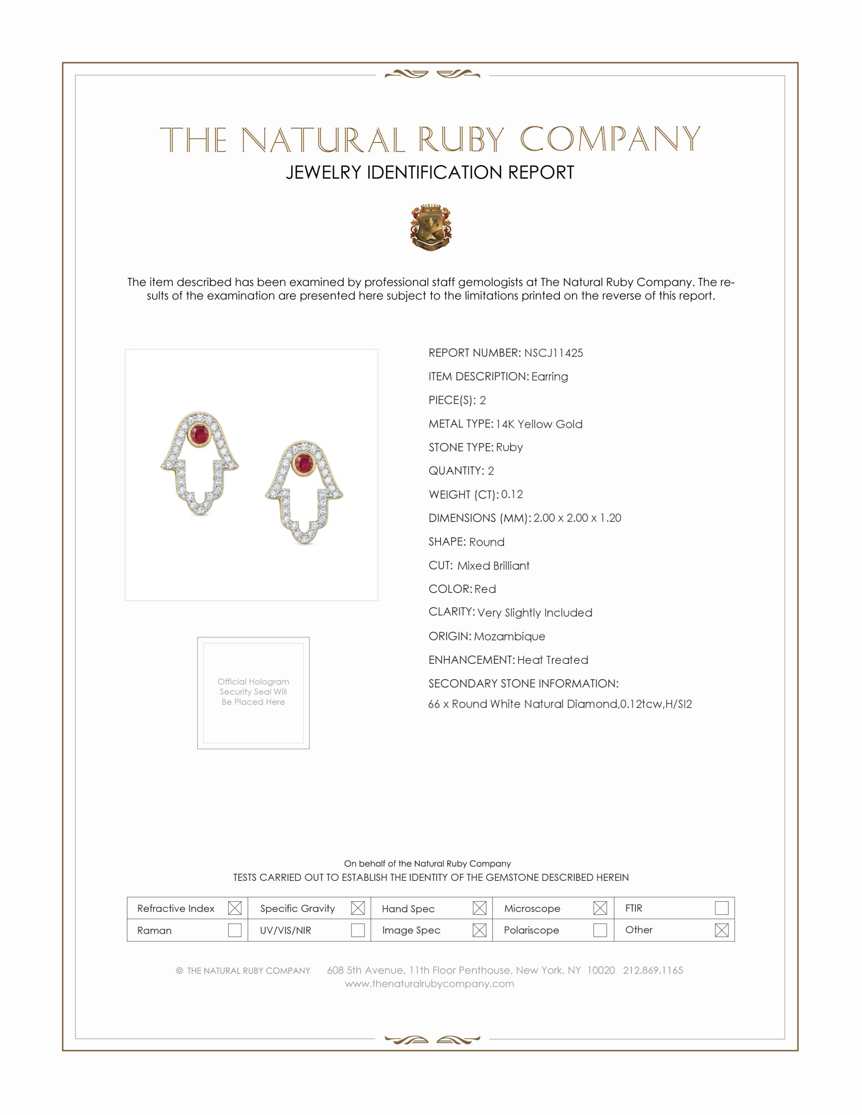 0.12 Ct.Tw. Ruby Natural Diamond Studs Earrings, 14K Yellow Gold