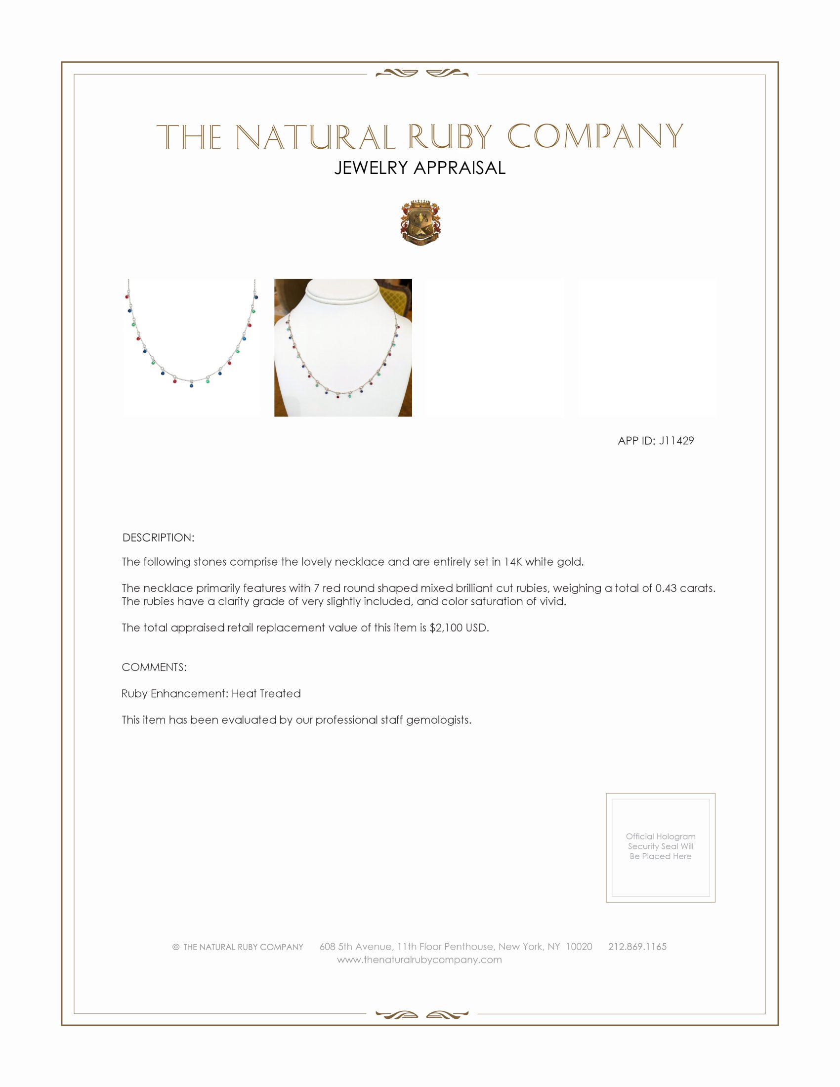 0.36 Ct. Ruby, Blue Sapphire and Emerald Accent Stones Necklace, 14K White Gold