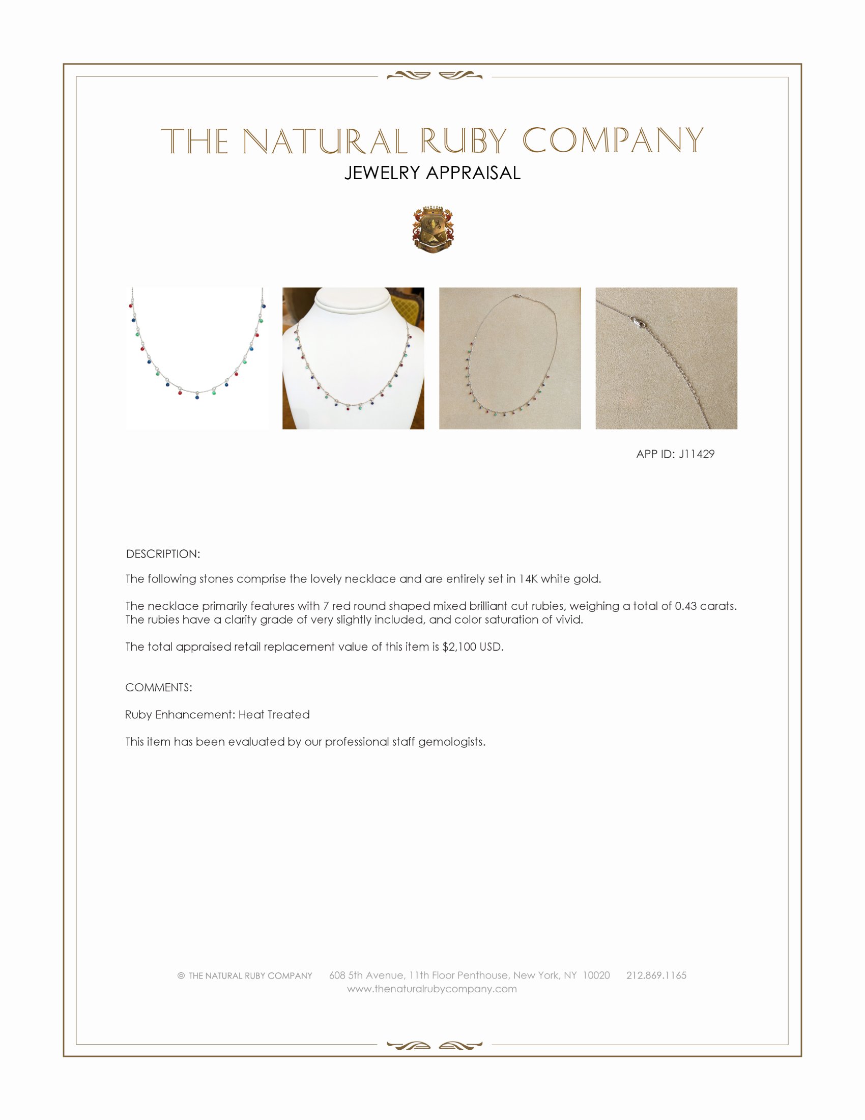 0.43 Ct. Ruby, Blue Sapphire and Emerald Accent Stones Necklace, 14K White Gold