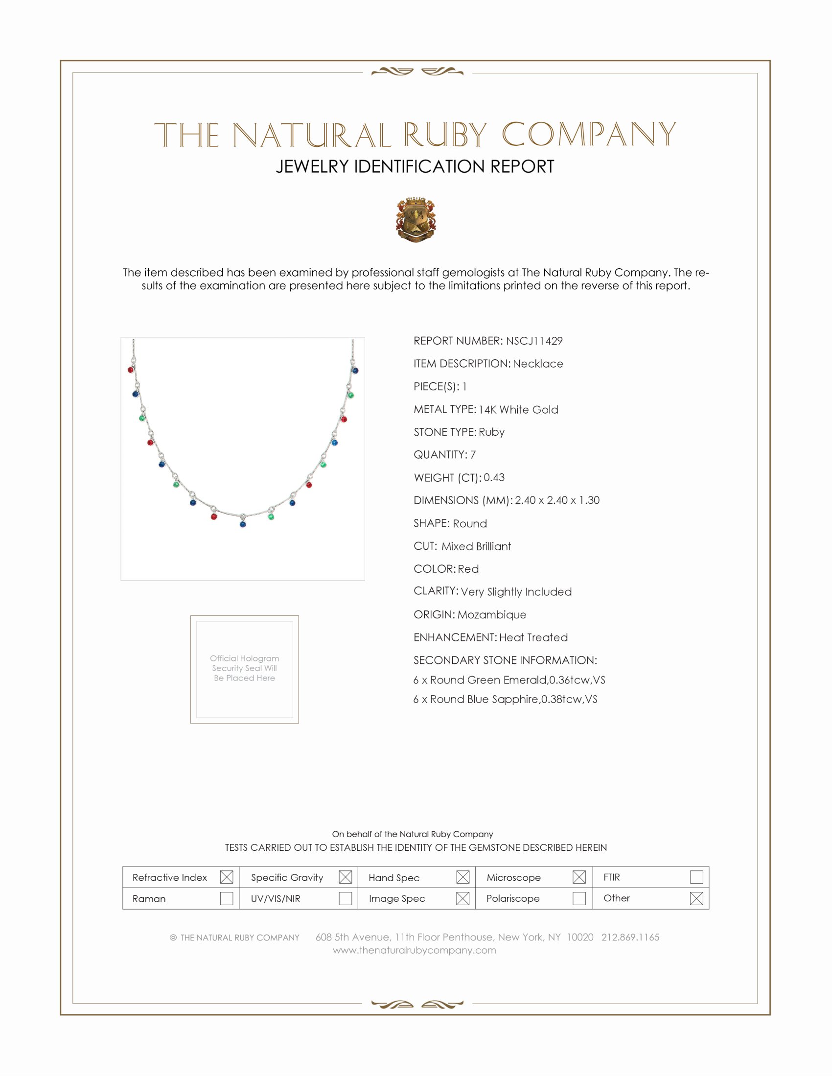 0.36 Ct. Ruby, Blue Sapphire and Emerald Accent Stones Necklace, 14K White Gold