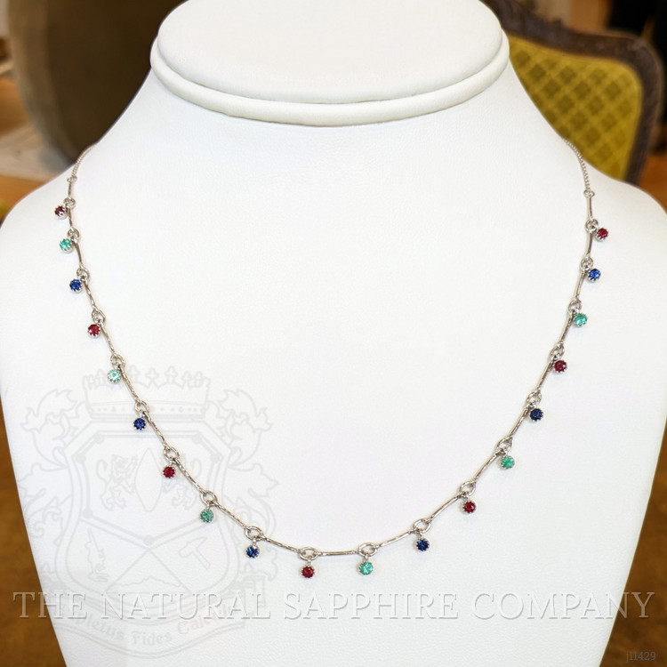 0.38 Ct. Ruby, Blue Sapphire and Emerald Accent Stones Necklace, 14K White Gold